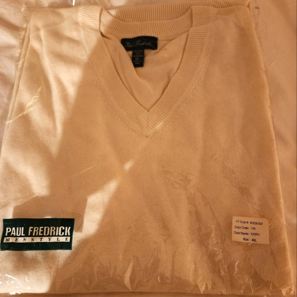 Men's Ivory Vee Neck Sweater Silk and Cashmere